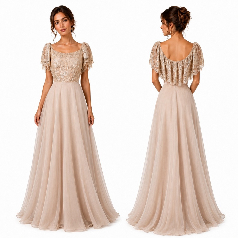 Vintage 60s Werlé Beverly Hills Silk Gown 4 Champaign Beige Lace Chiffon Flutter